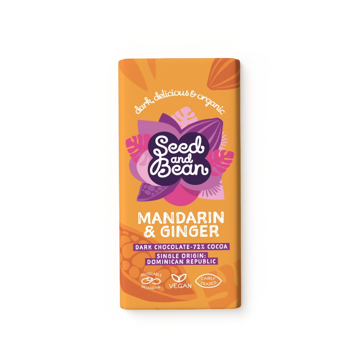 Zesty Mandarin & Spicy Ginger Extra Dark Chocolate Bar - 75g - Organic, Vegan, 72% Cocoa