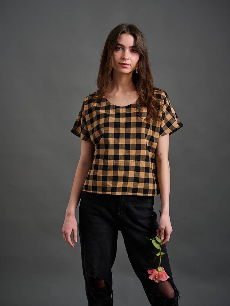Odelia Top Black and Tan Gingham