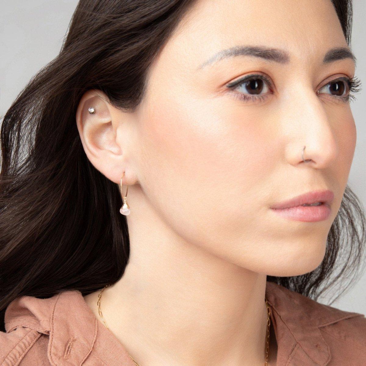 Mini Hoop Rose Quartz Charm Earrings in 14k gold filled