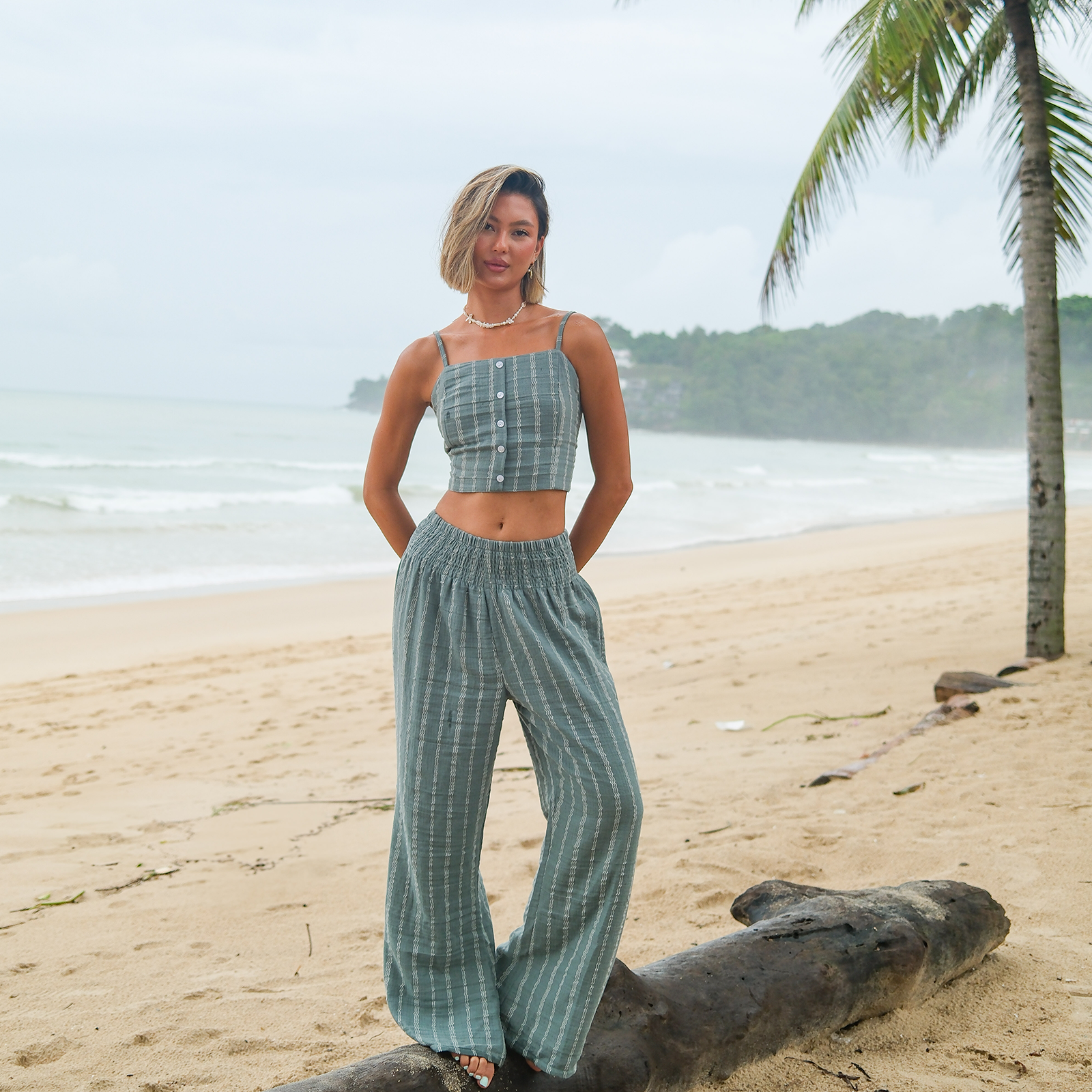 Sage Sailor Stripe Wide Leg Cotton Pants