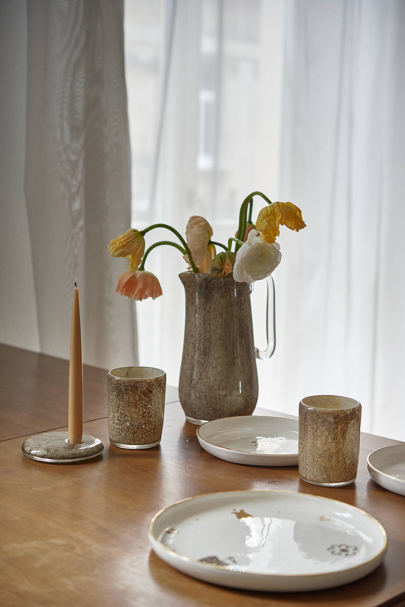 Hand Blown Glass Water Pitcher: Brown Marble