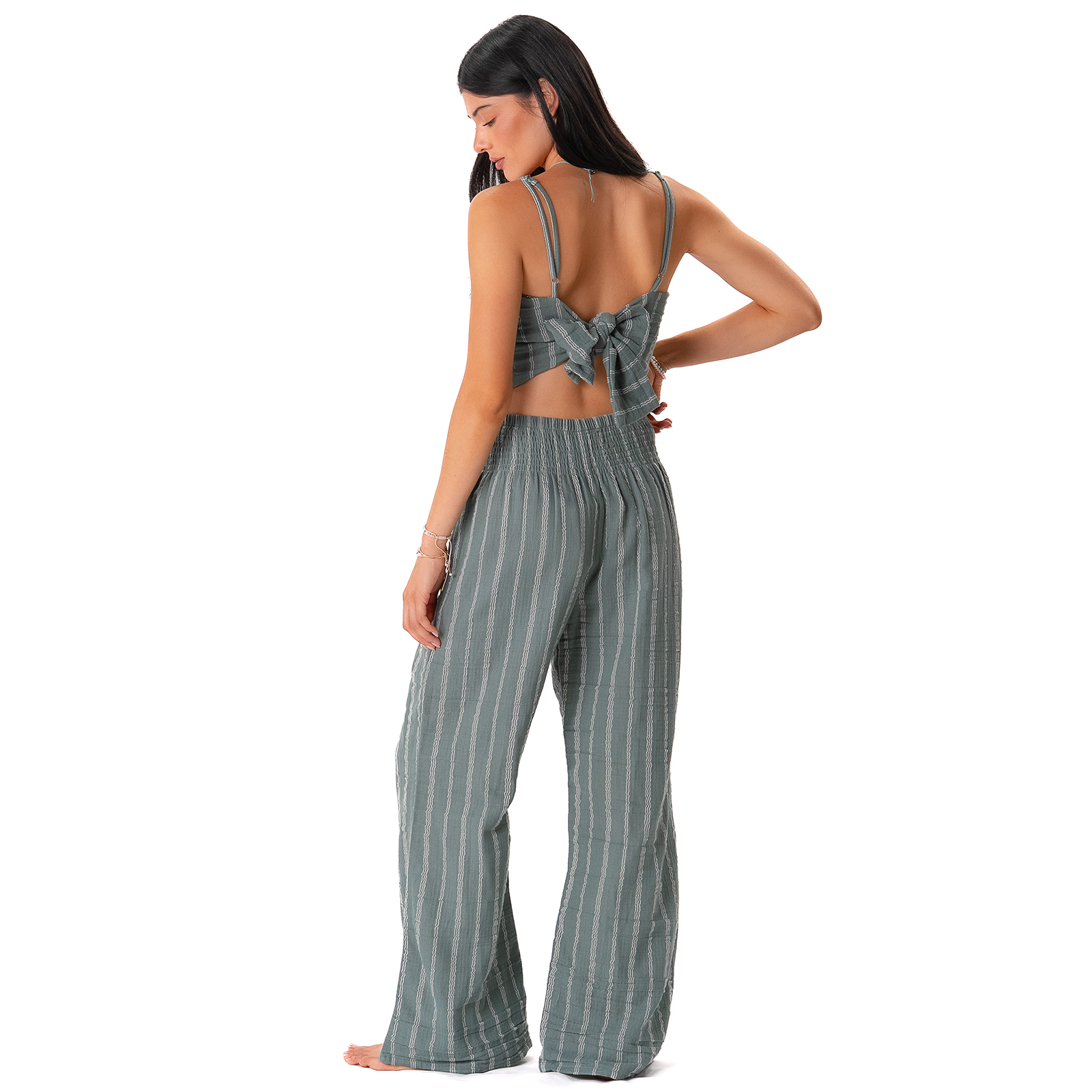 Sage Sailor Stripe Wide Leg Cotton Pants