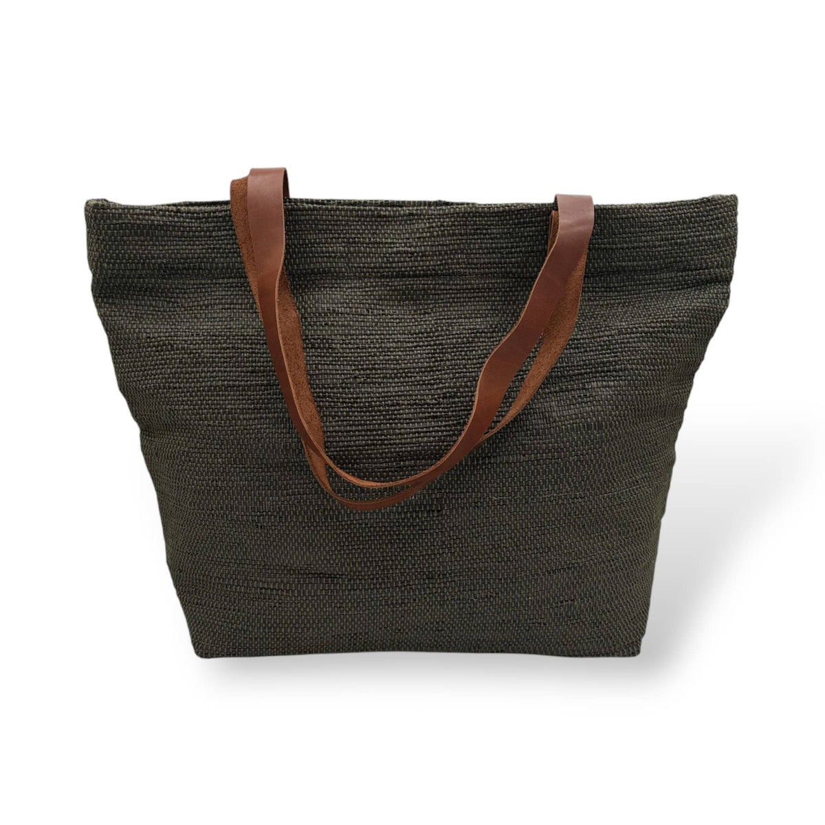 Upcycled Tote Bag with Leather Straps - Black & Olive