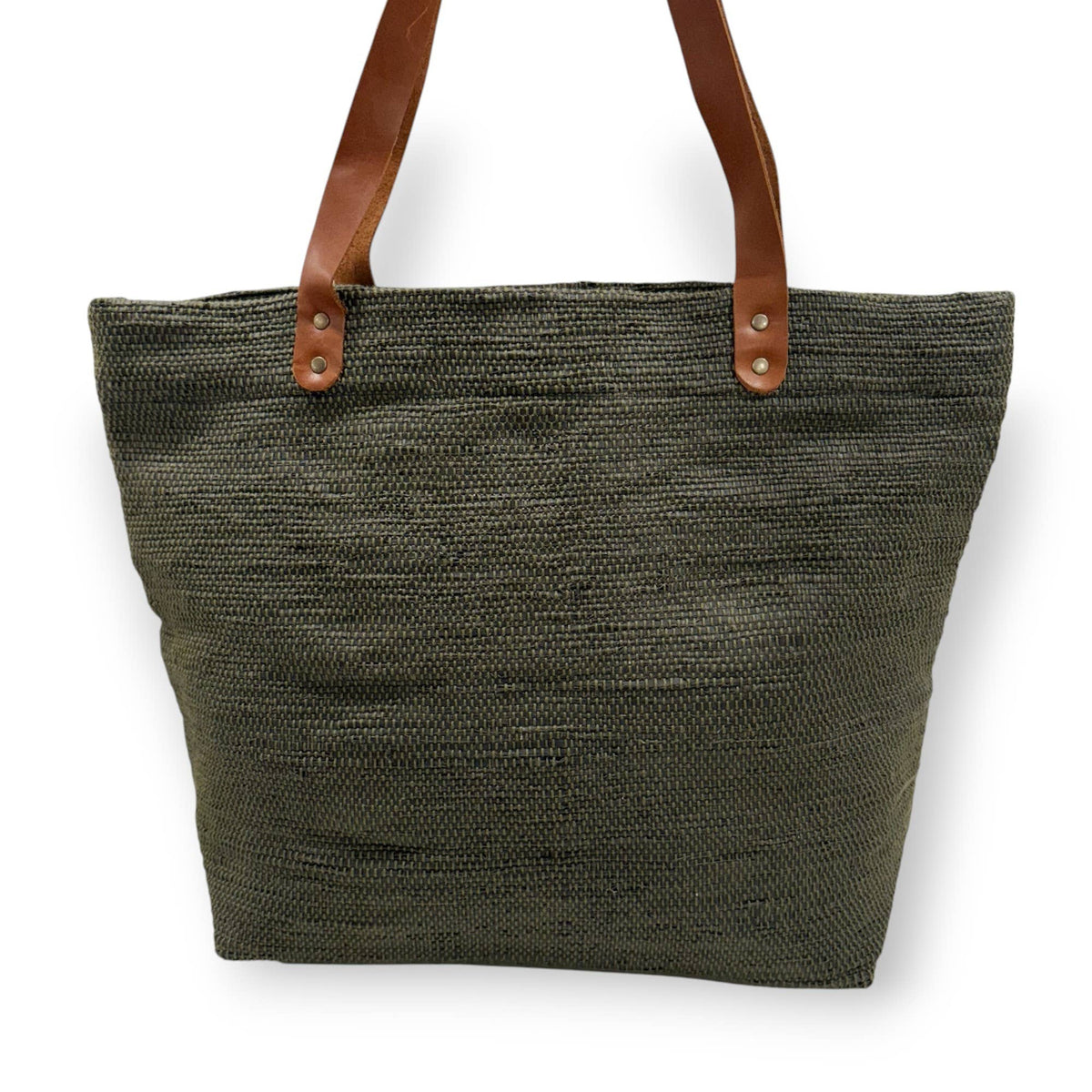 Upcycled Tote Bag with Leather Straps - Black & Olive