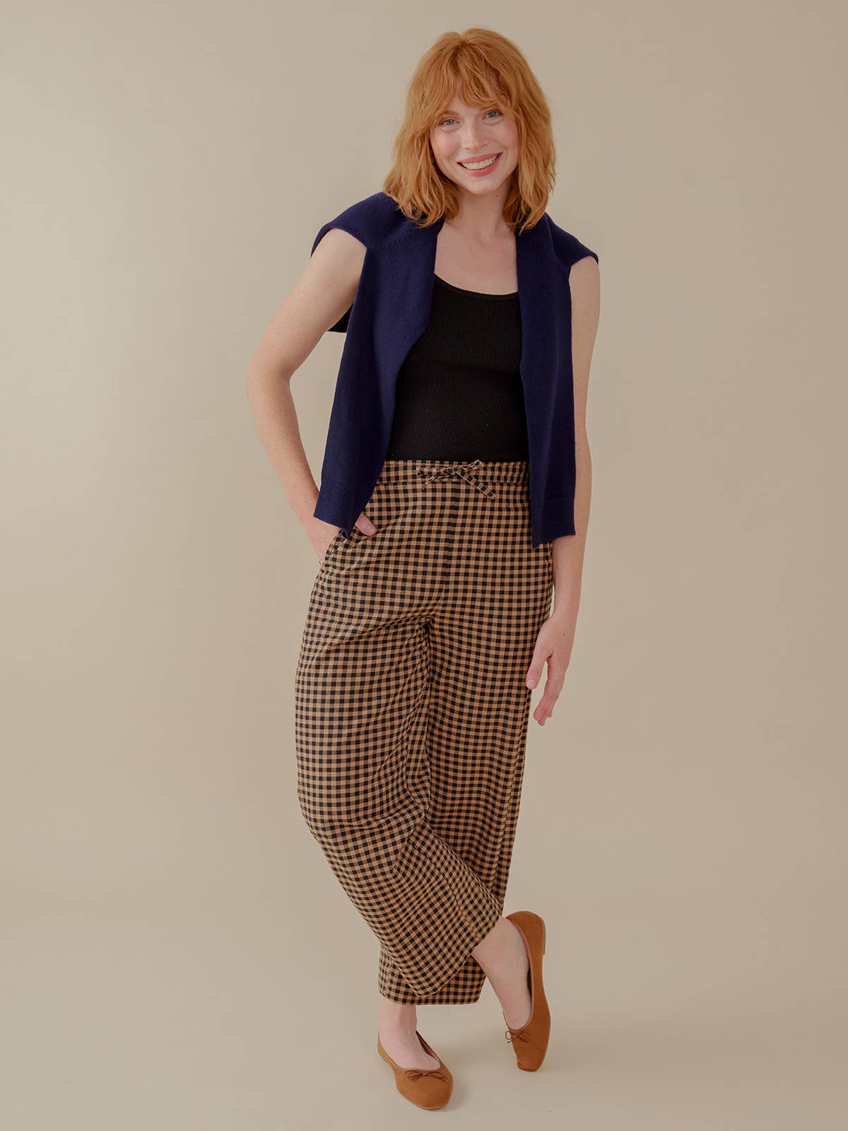 Emmy Drawstring Pant Black and Tan Small Gingham