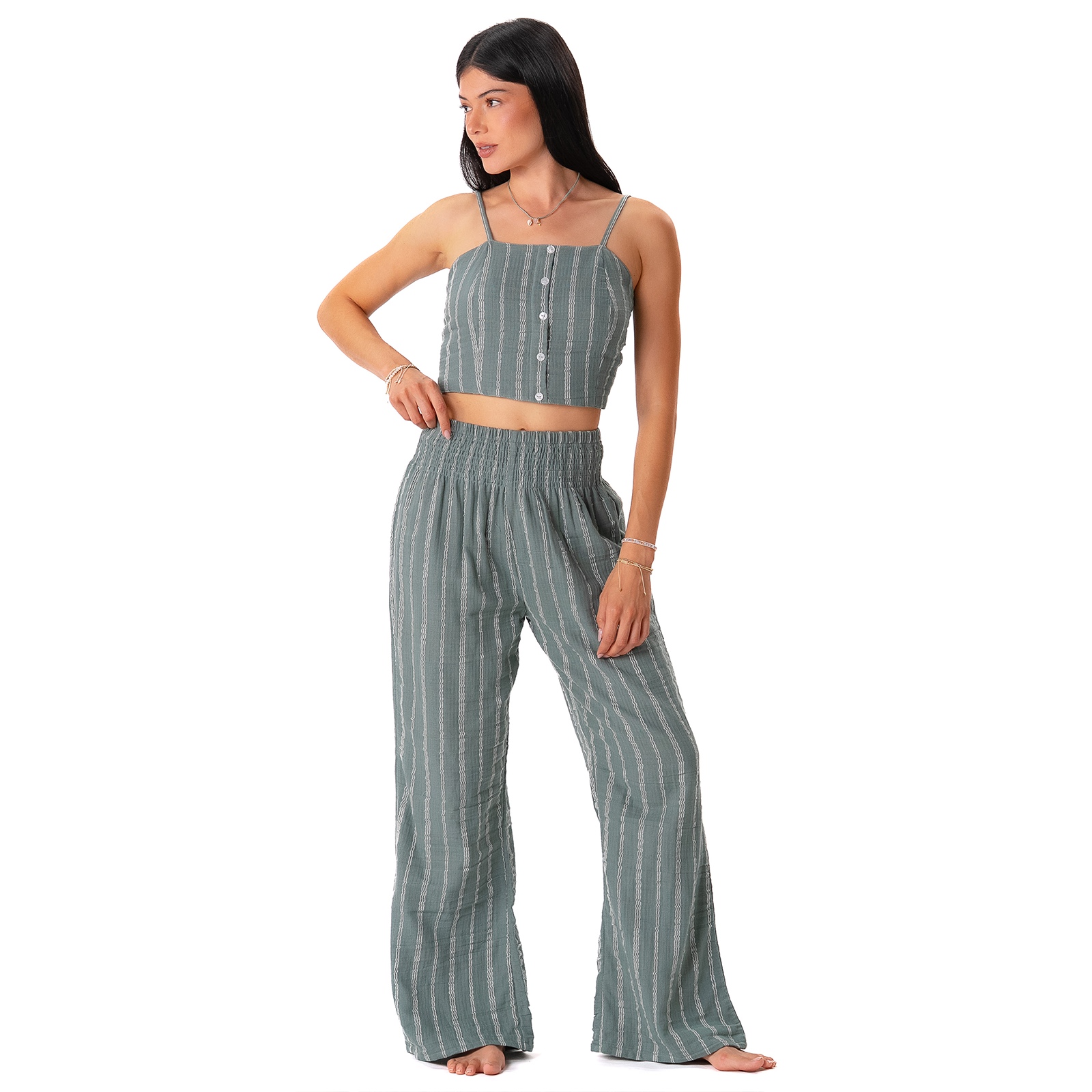 Sage Sailor Stripe Wide Leg Cotton Pants