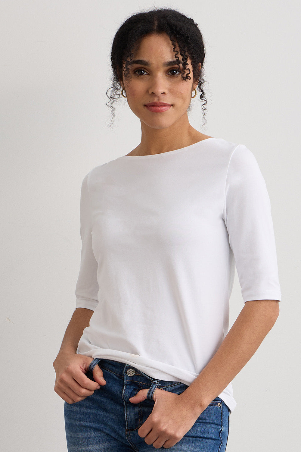 Women's Organic Cotton Elbow Sleeve Boat Neck Top