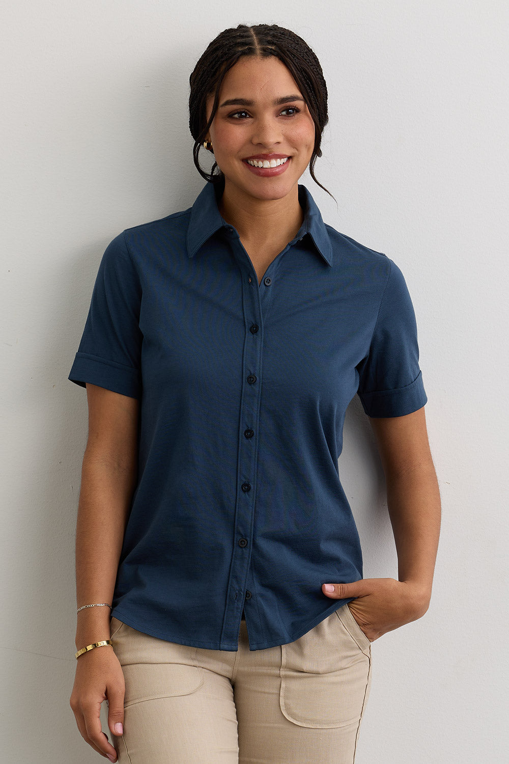 Women's 100% Organic Cotton Short Sleeve Knit Button Down Shirt