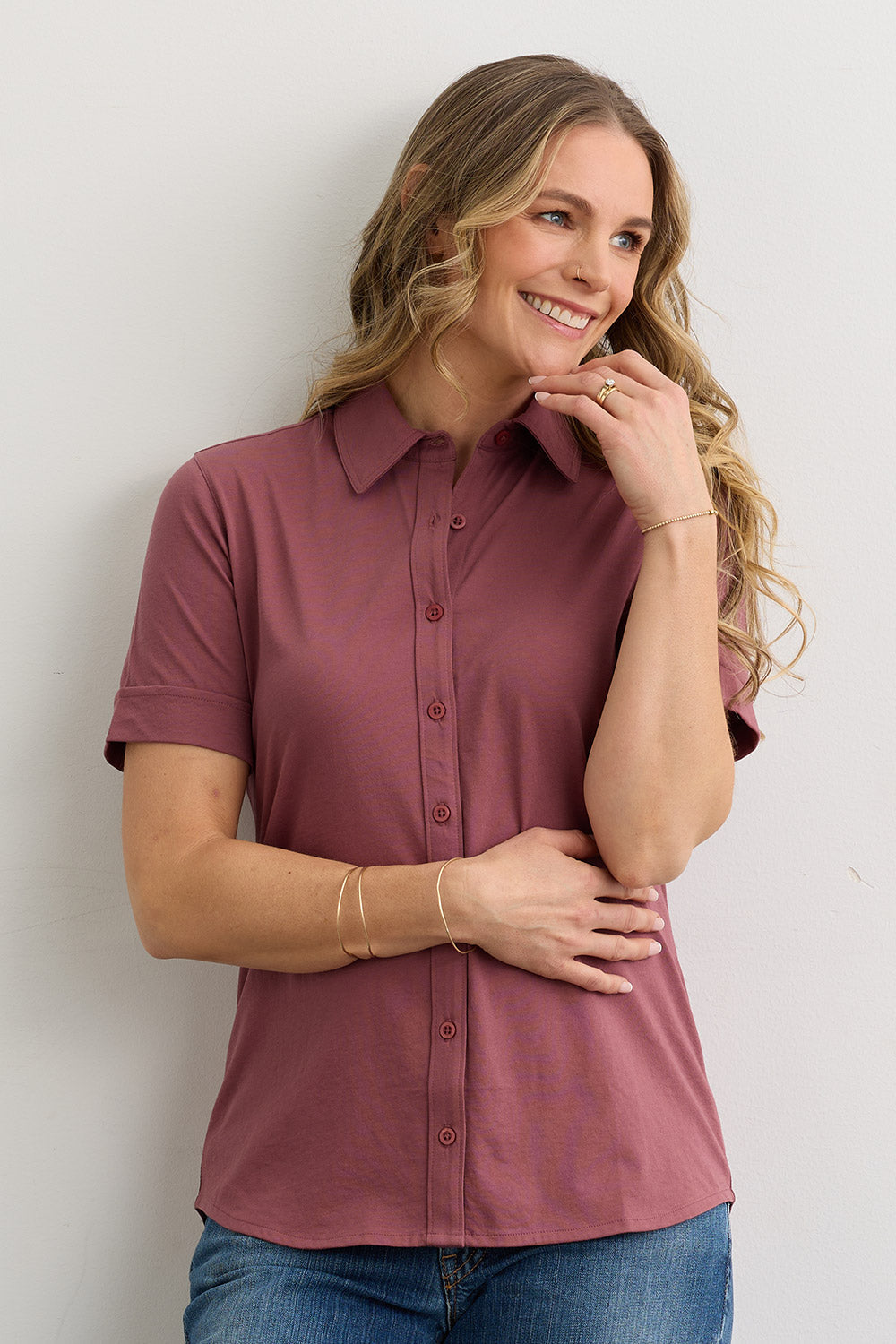 Women's 100% Organic Cotton Short Sleeve Knit Button Down Shirt