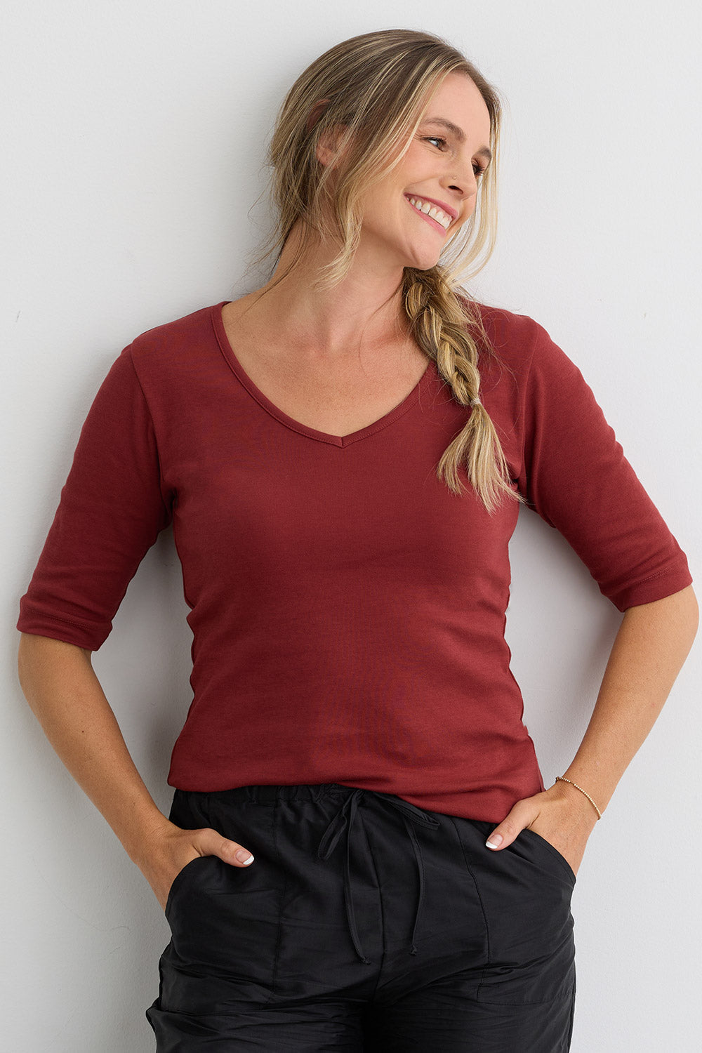 Women's Luxe 100% Organic Cotton Elbow Sleeve V-Neck Top