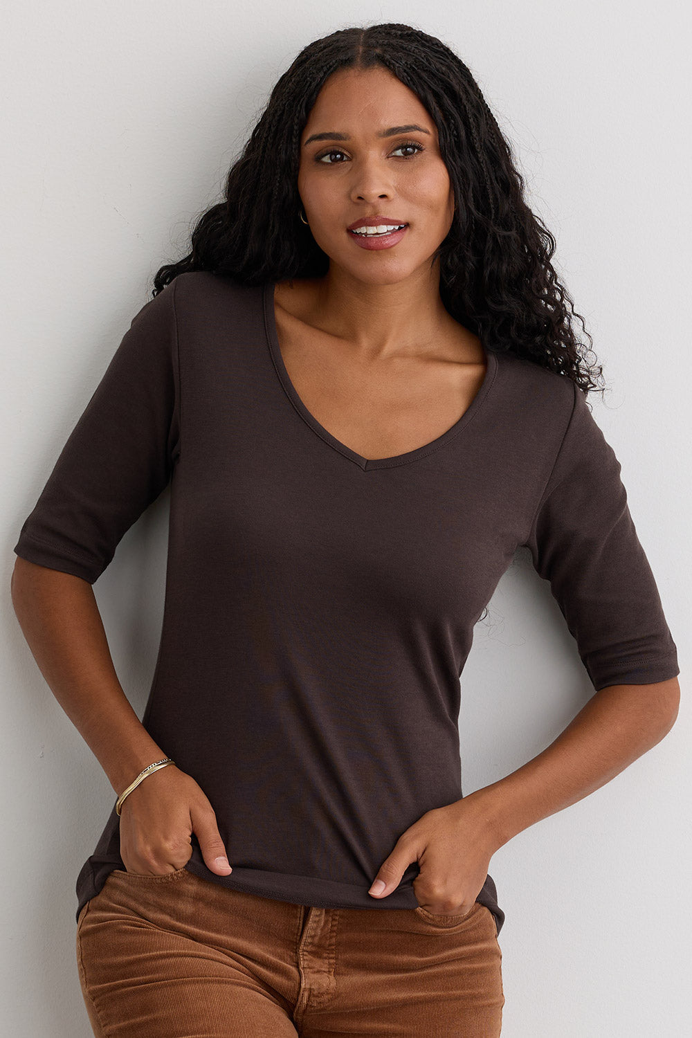 Women's Luxe 100% Organic Cotton Elbow Sleeve V-Neck Top