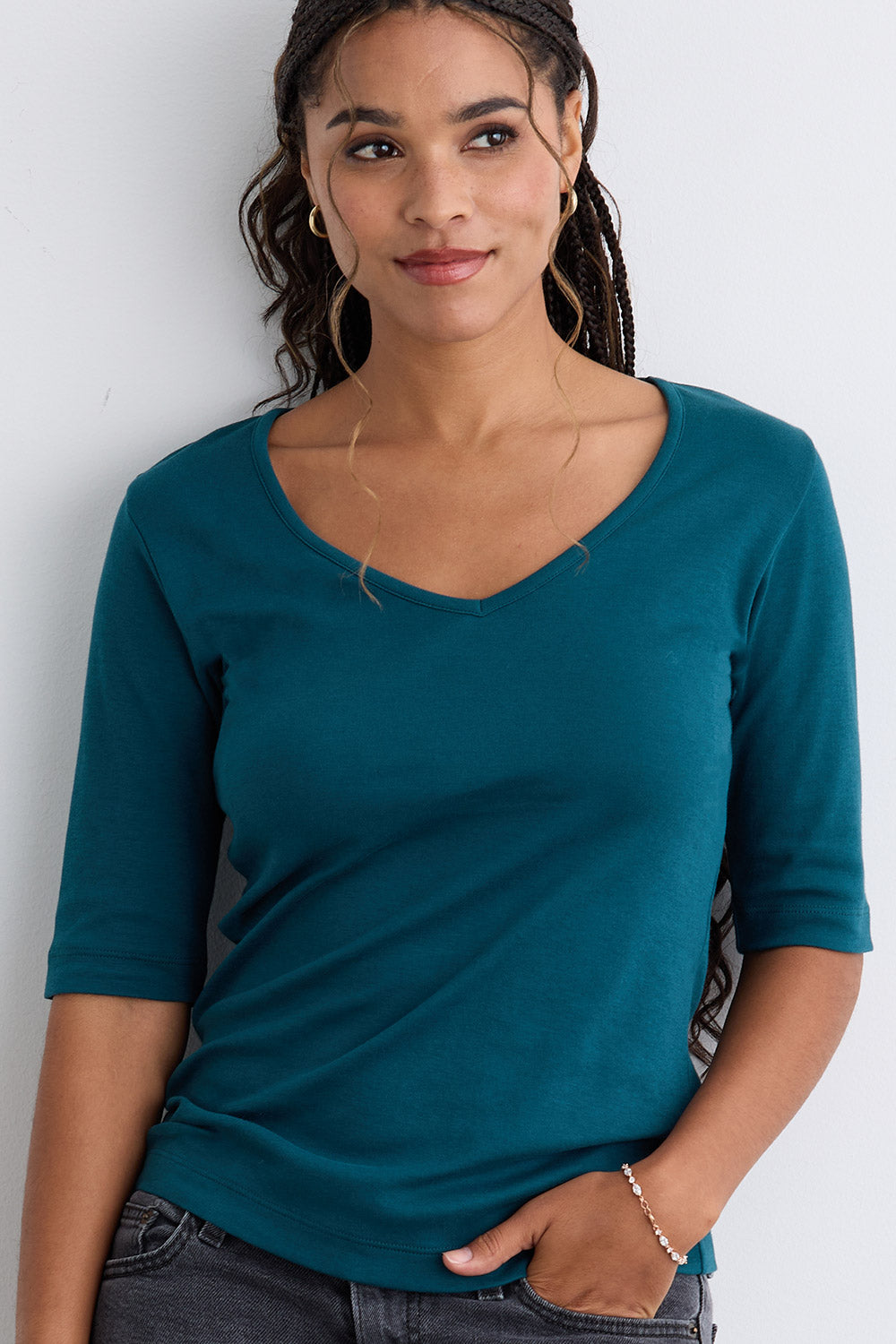 Women's Luxe 100% Organic Cotton Elbow Sleeve V-Neck Top