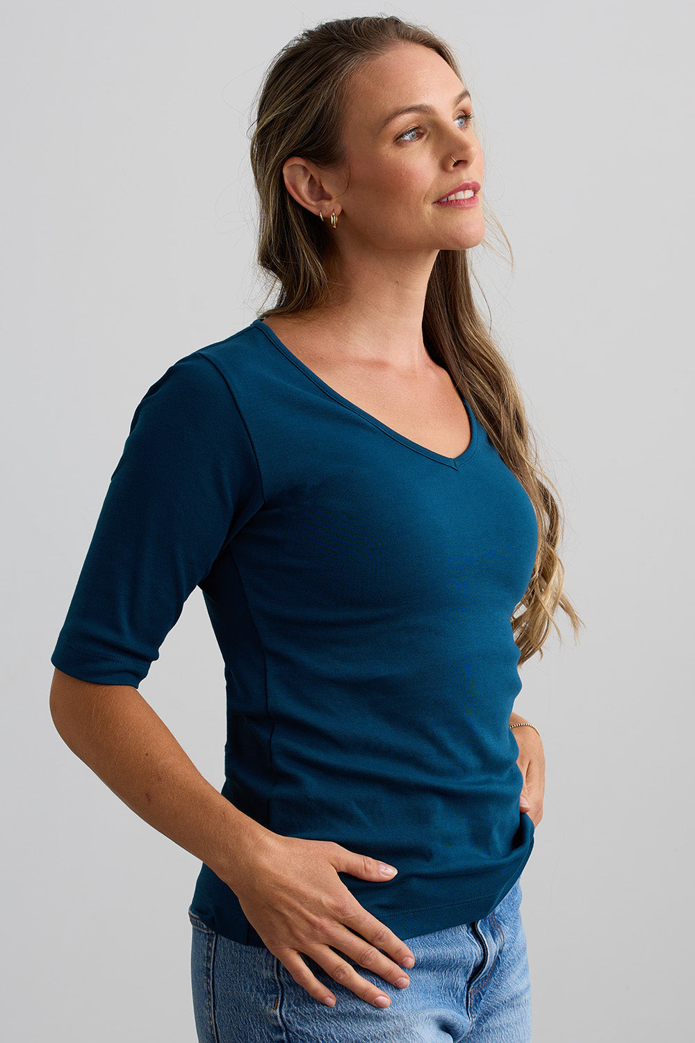 Women's Luxe 100% Organic Cotton Elbow Sleeve V-Neck Top