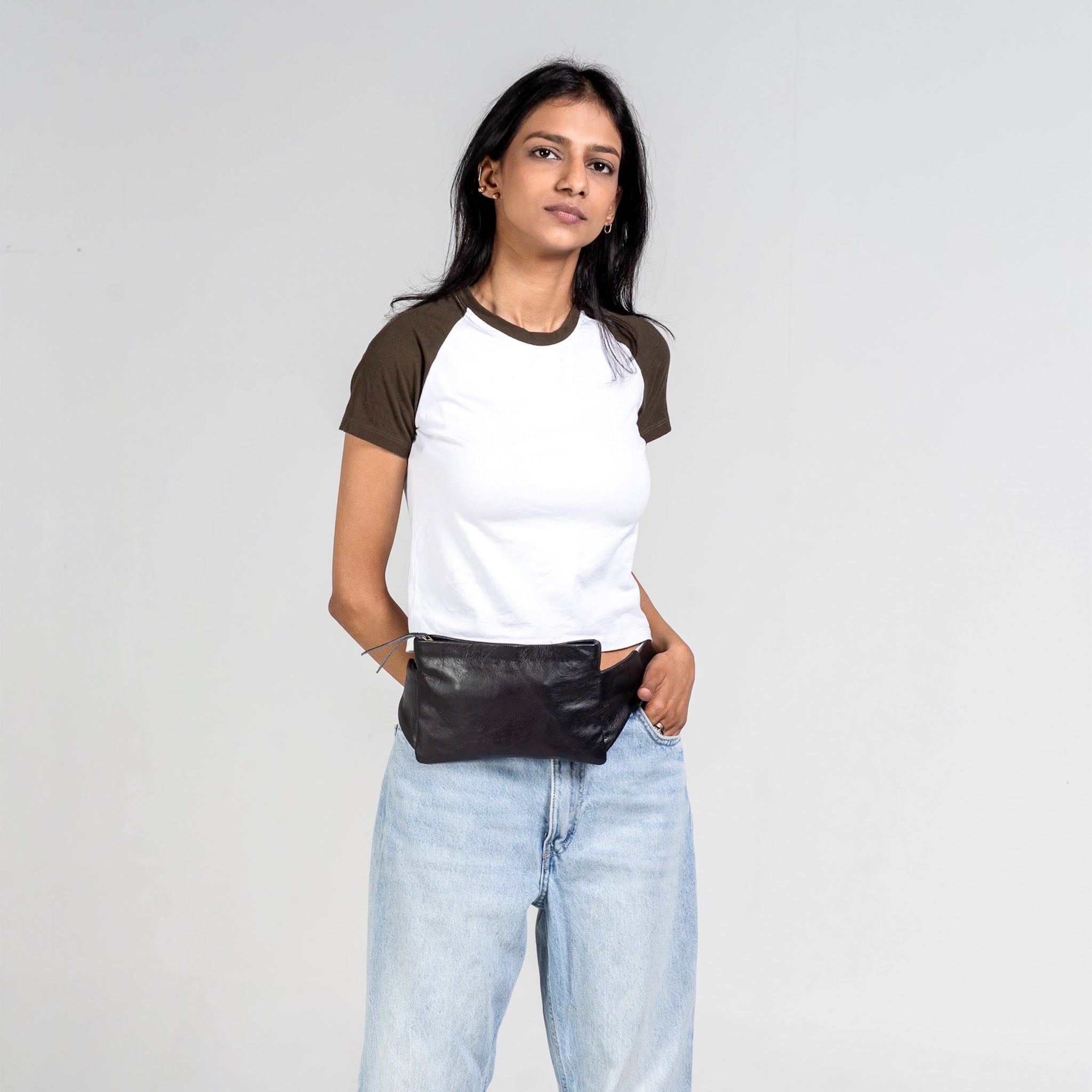 Black Leather Crossbody Belt Bag