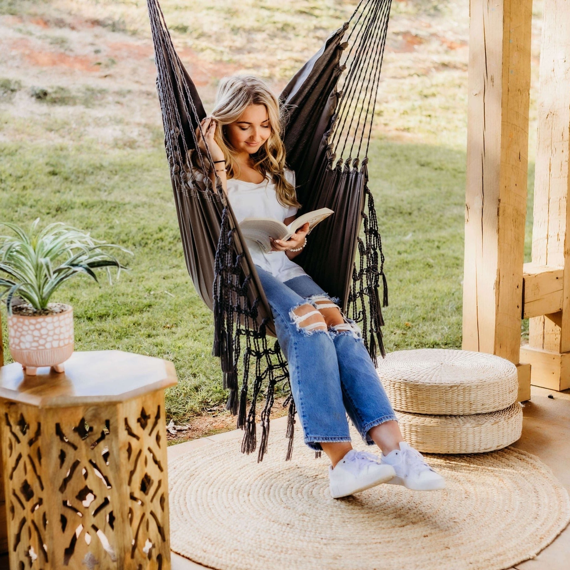Gray Boho Macrame Hammock Chair Swing | SERENA