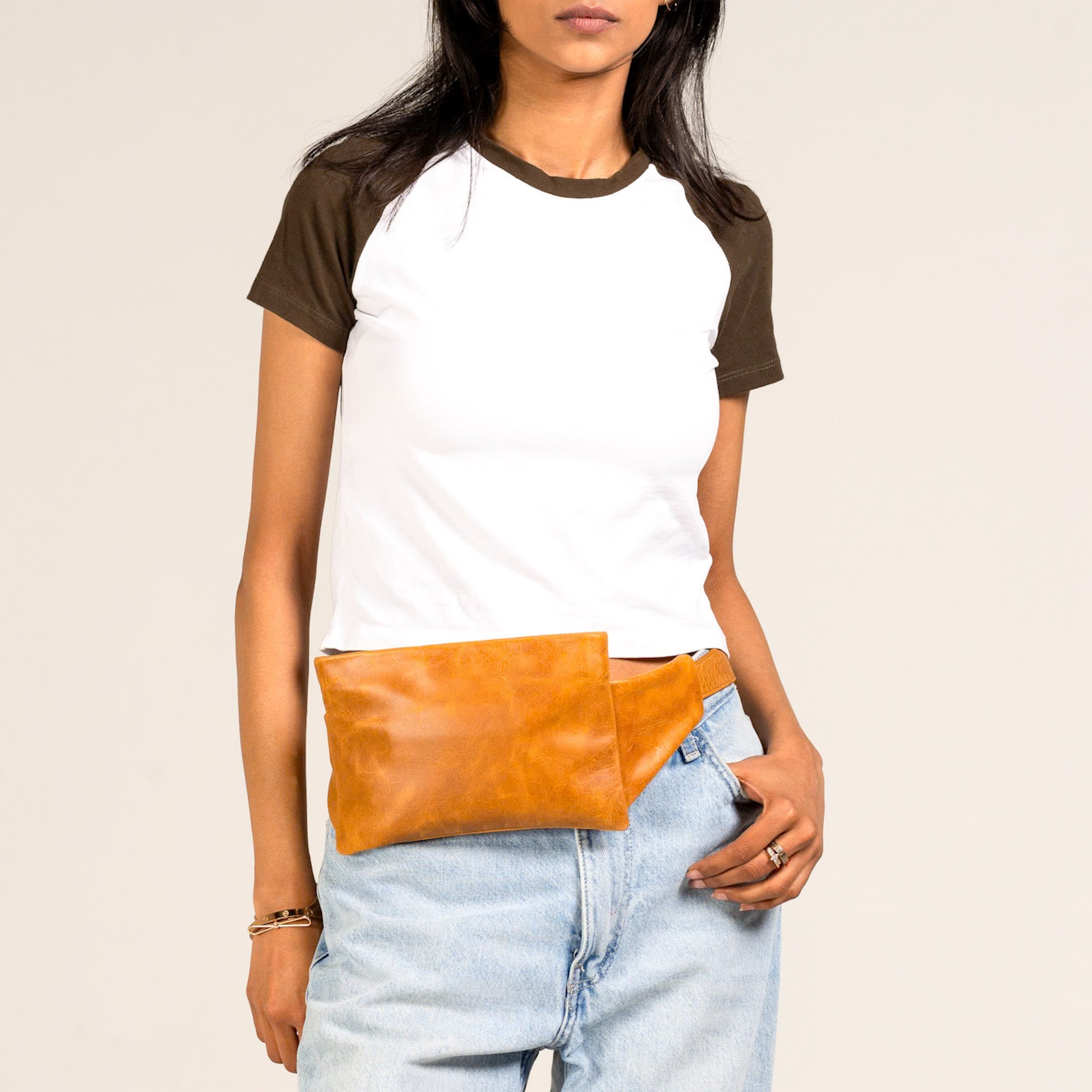Camel Leather Crossbody Belt Bag