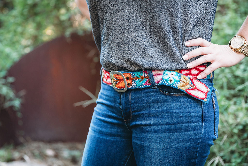 Navy Floral Embroidered Belt