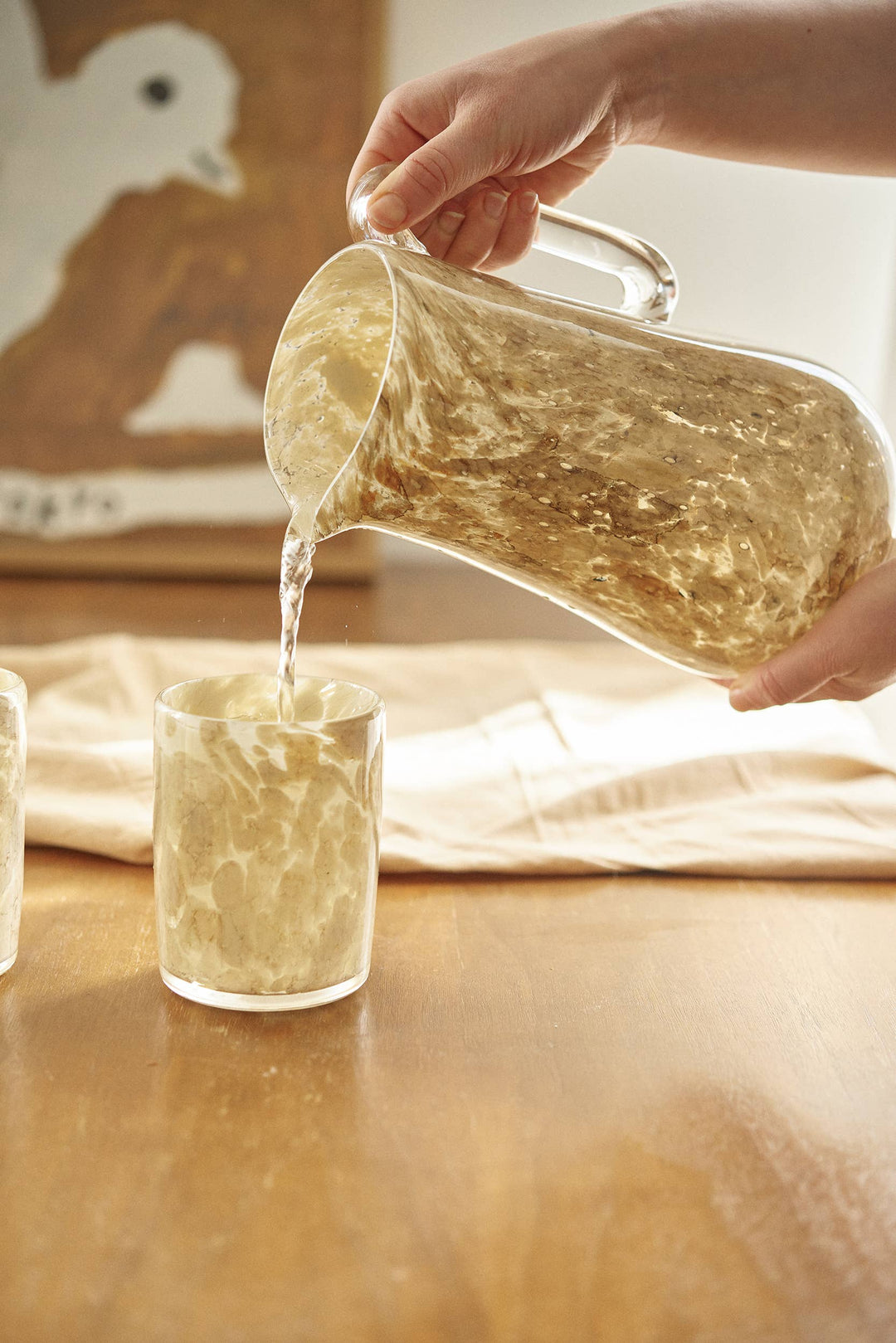 Hand Blown Glass Water Pitcher: Brown Marble