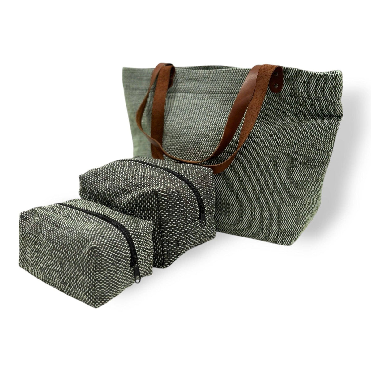 Upcycled Tote Bag with Leather Straps - Black & Mint