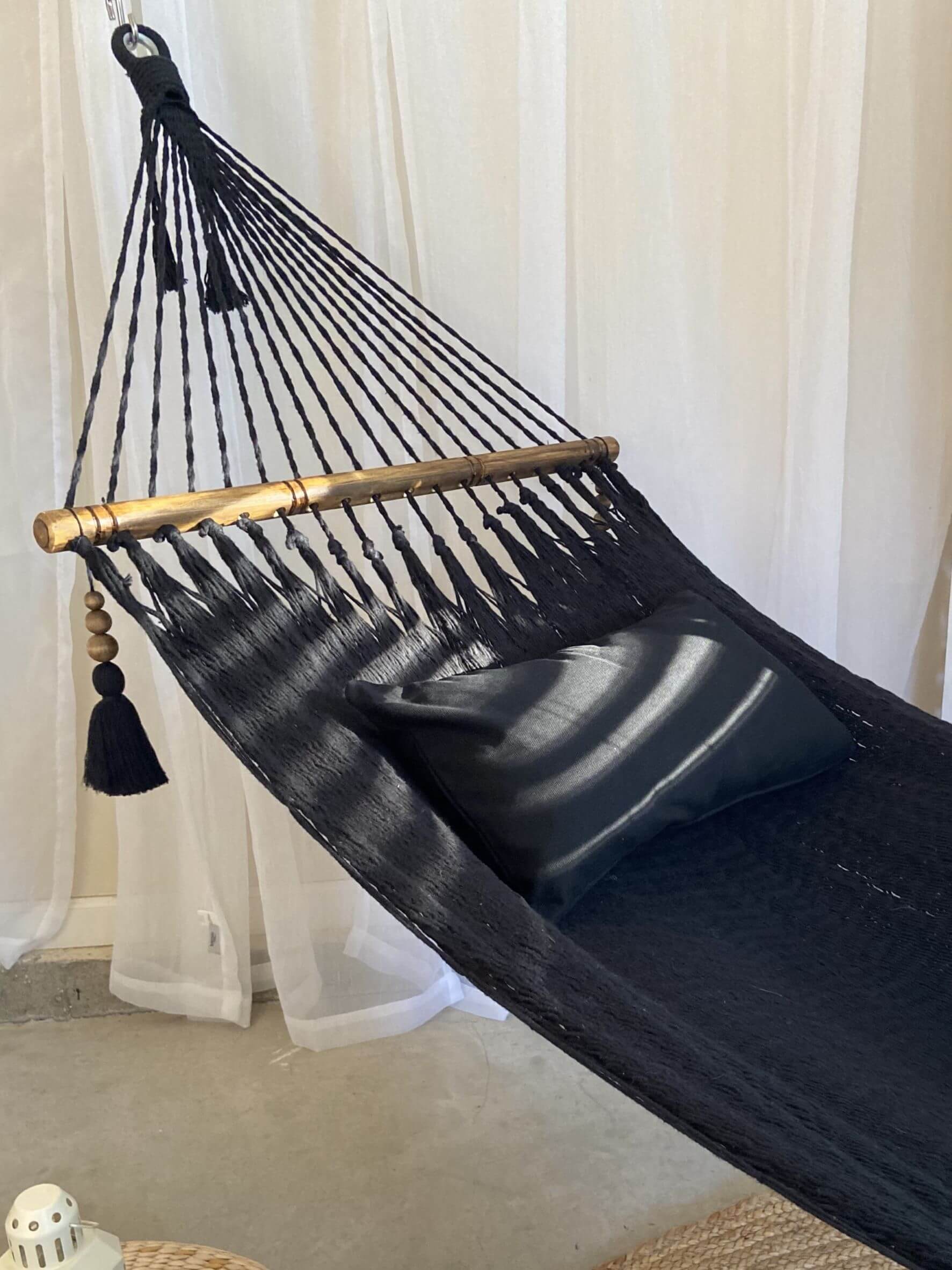 Woven Black Hammock With Wood Spreaders | JULIANNA
