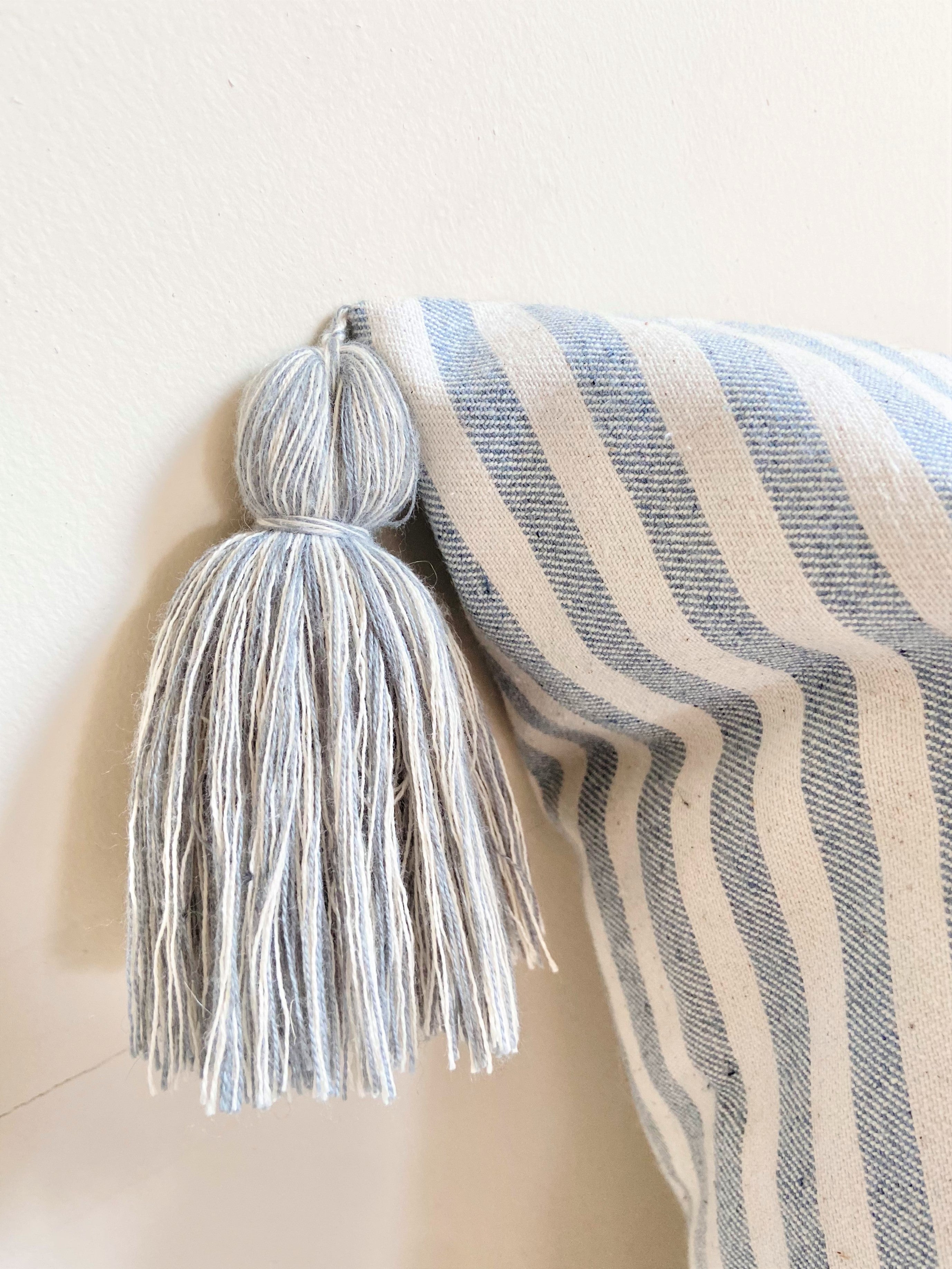 White and Blue Stripe Pillow Cover with Tassels