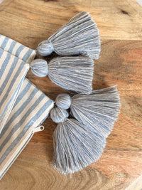 White and Blue Stripe Pillow Cover with Tassels