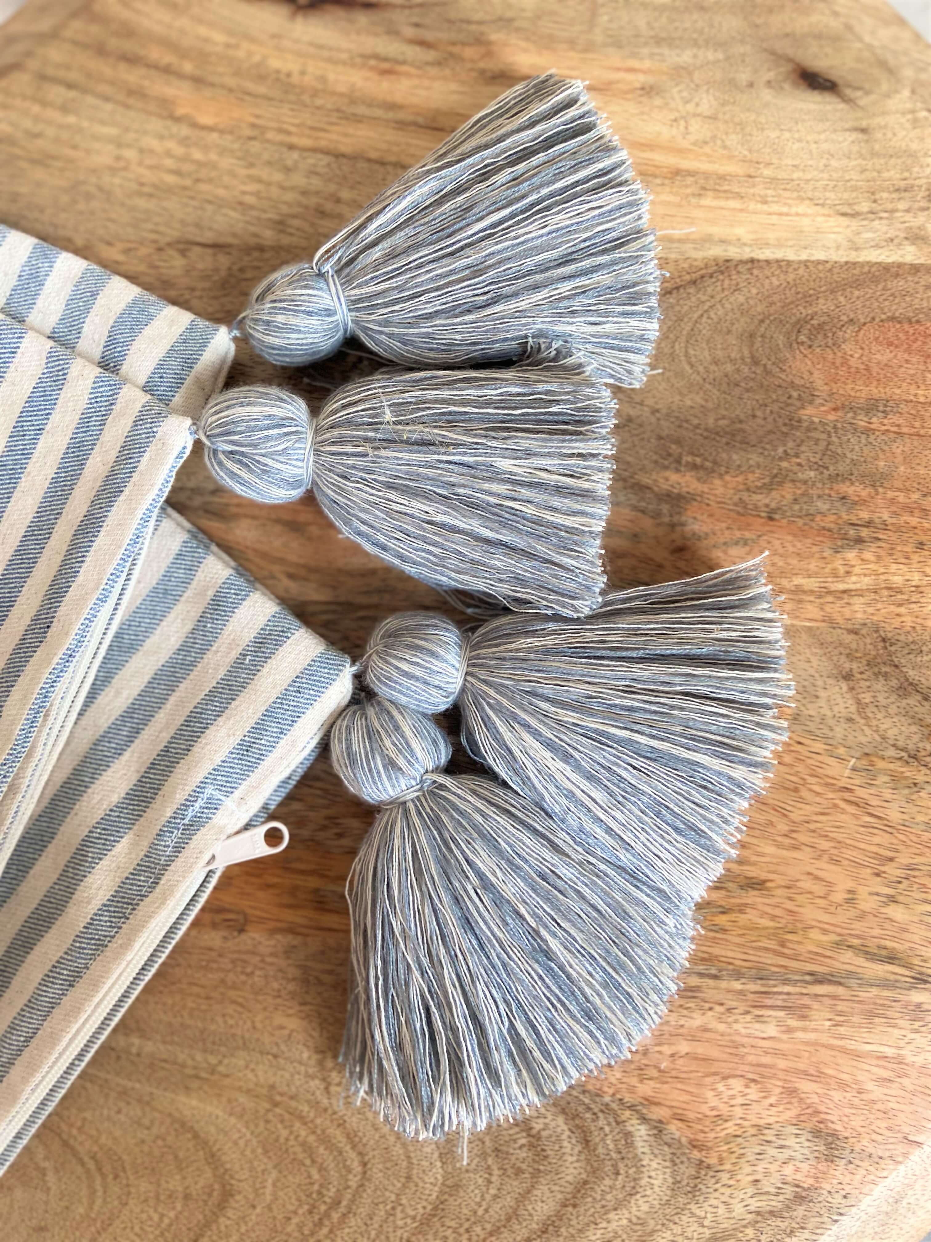 White and Blue Stripe Pillow Cover with Tassels