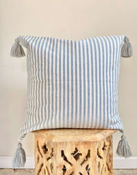 White and Blue Stripe Pillow Cover with Tassels