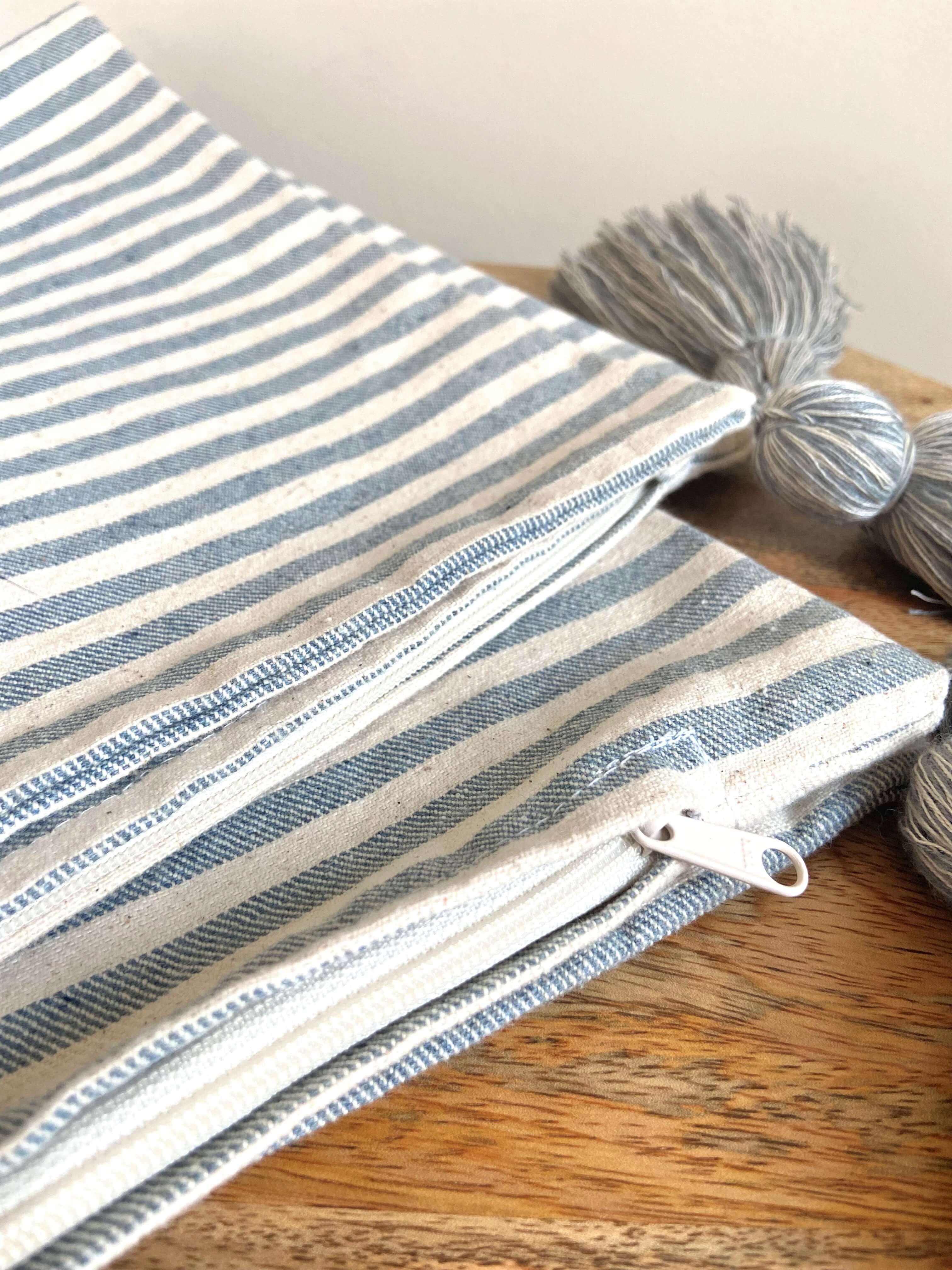 White and Blue Stripe Pillow Cover with Tassels
