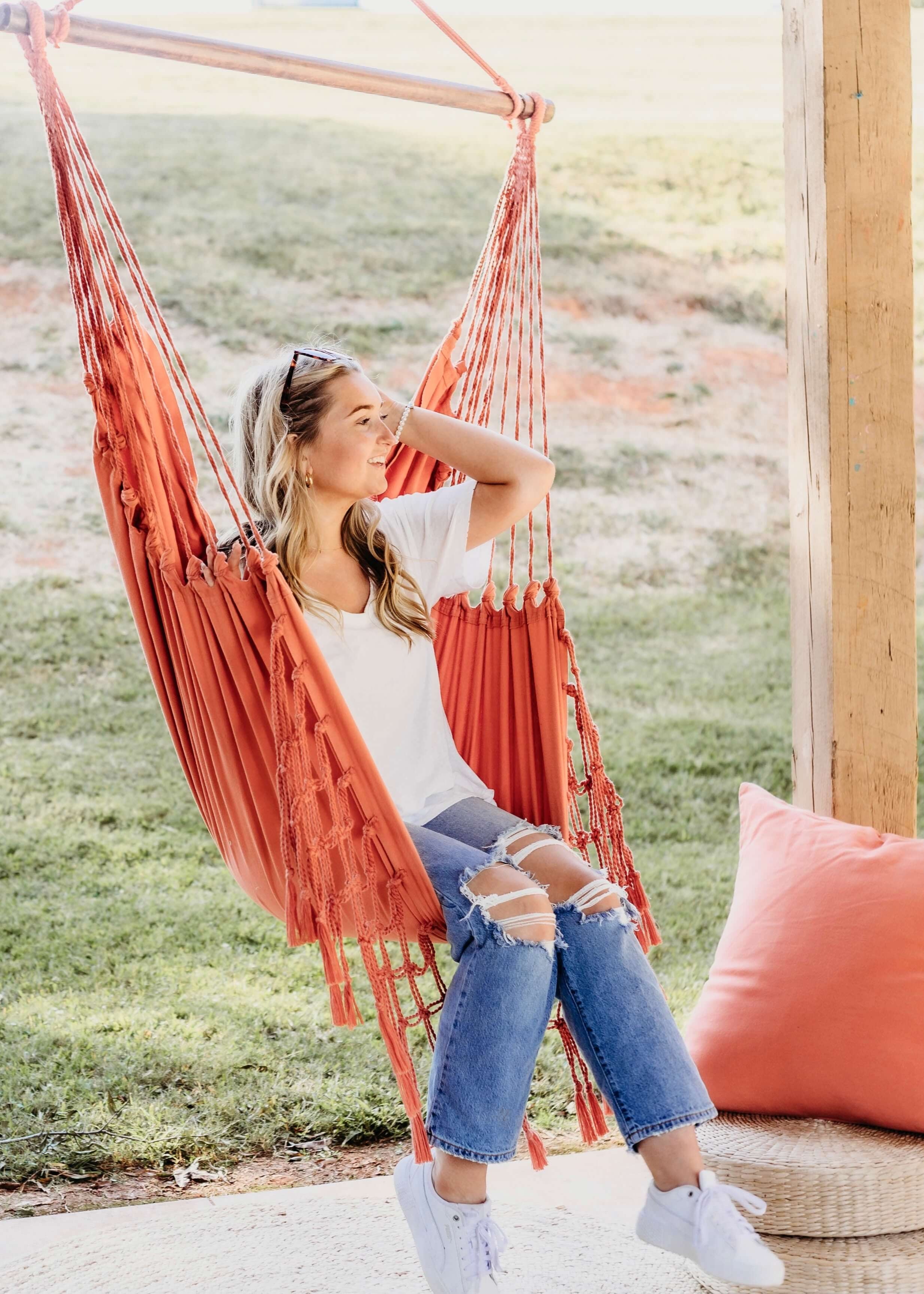 Coral Pink Macrame Hammock Chair | SERENA