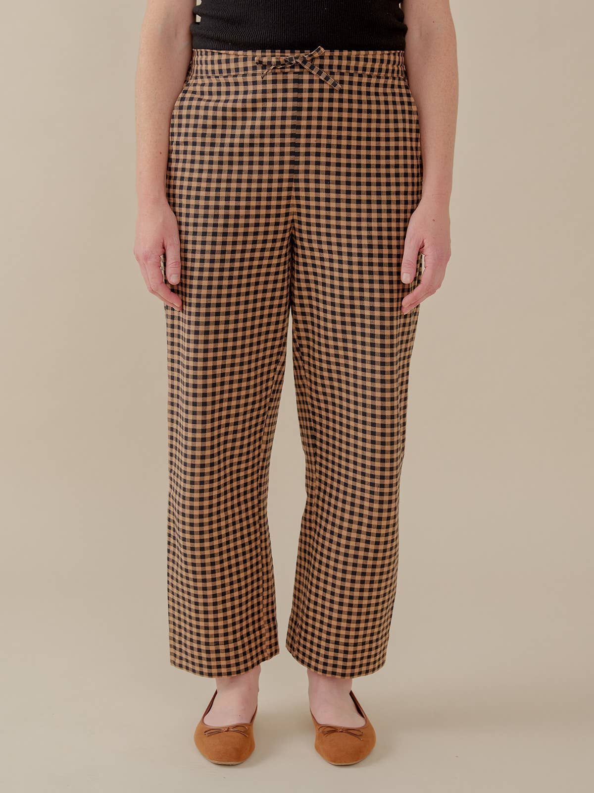 Emmy Drawstring Pant Black and Tan Small Gingham