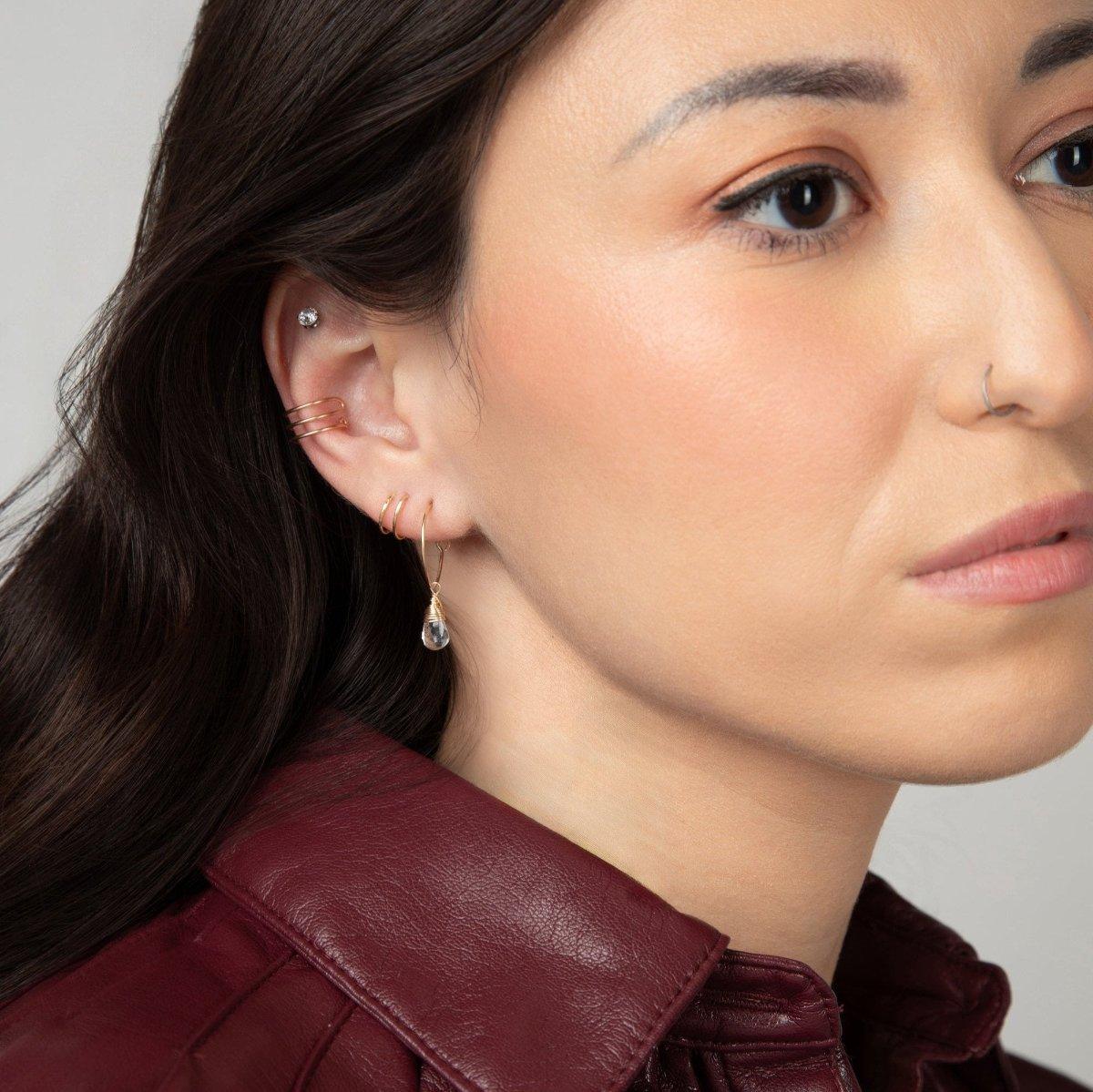 Aqua Quartz Charm Mini Hoop Earrings in 14K Gold Filled