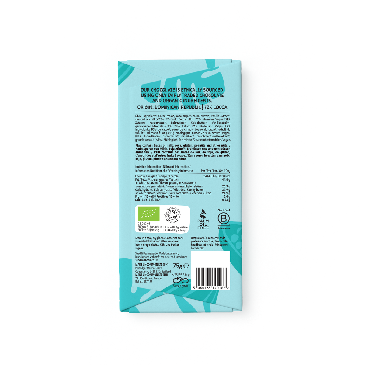 Cornish Sea Salt Dark Chocolate Bar - 75g - Organic, Vegan, 70% Cocoa