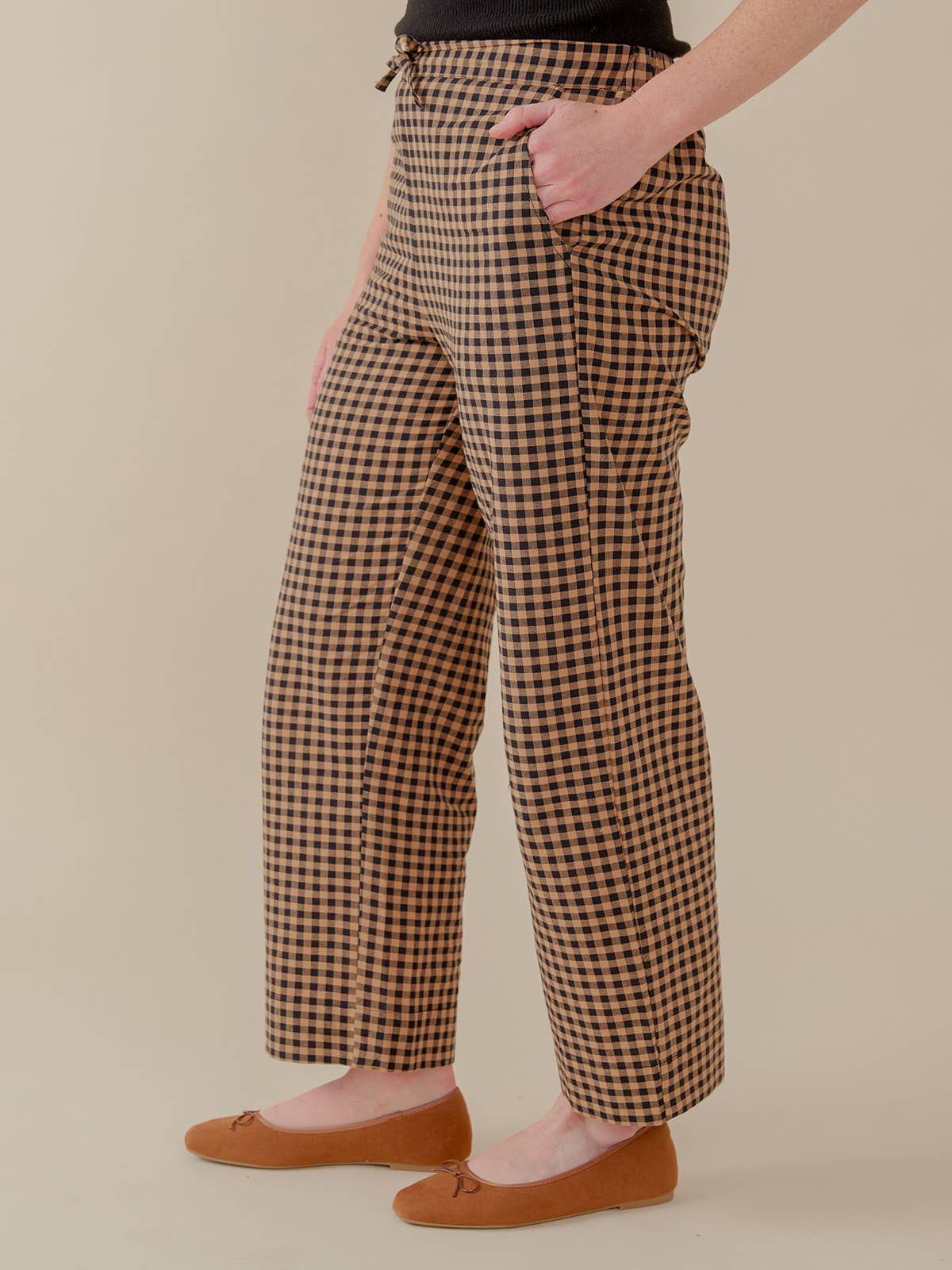 Emmy Drawstring Pant Black and Tan Small Gingham