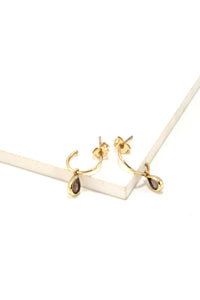 Luxe Brass Pendant Hoops - Smokey Quartz