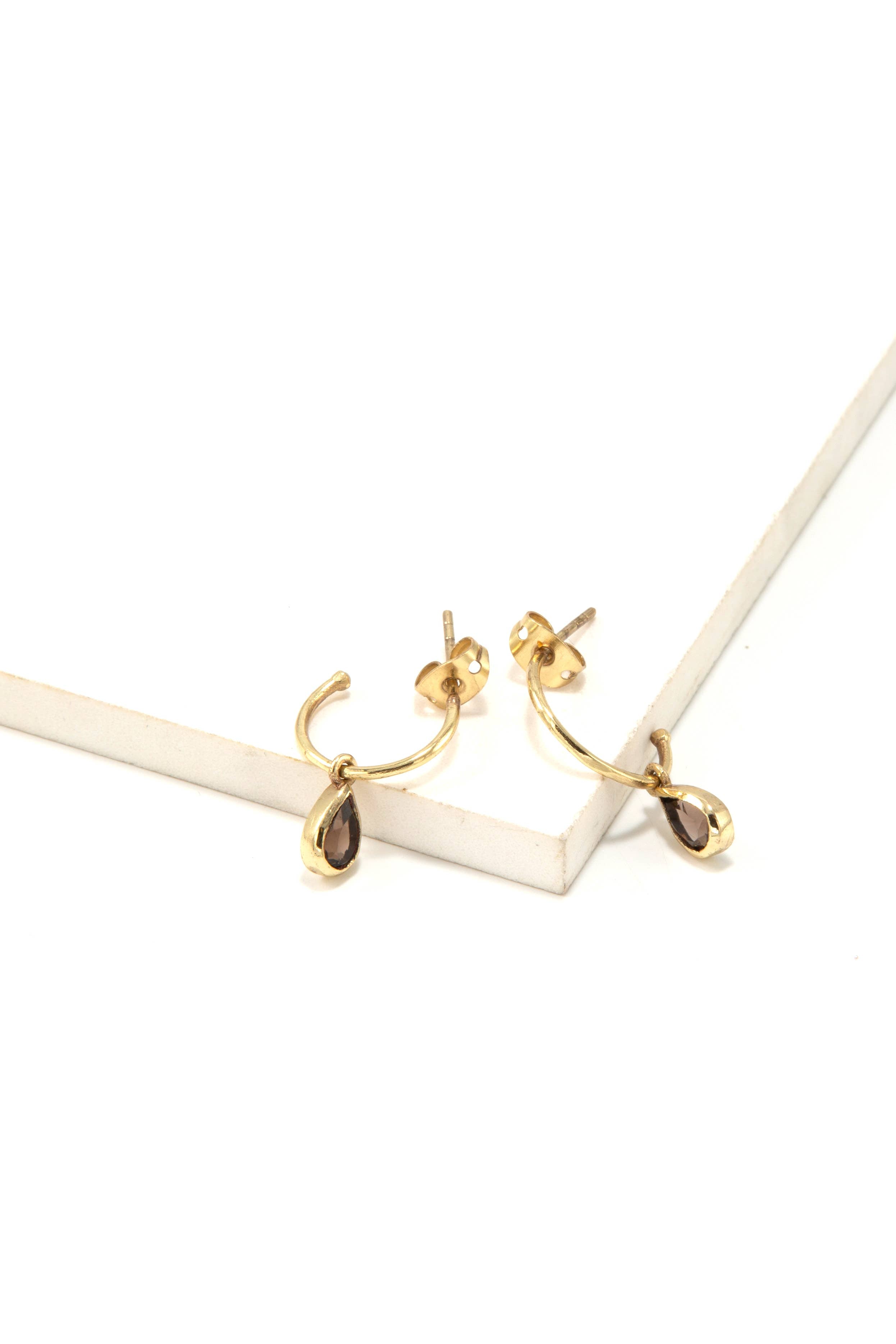 Luxe Brass Pendant Hoops - Smokey Quartz