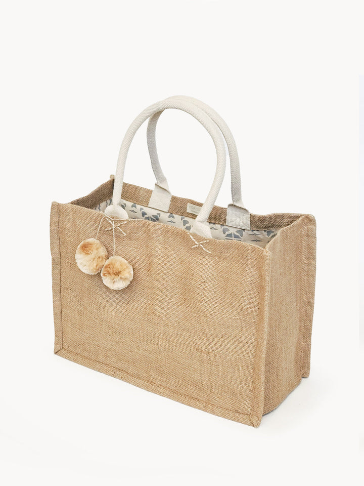 Jute Canvas Shopping Bag With Pompom