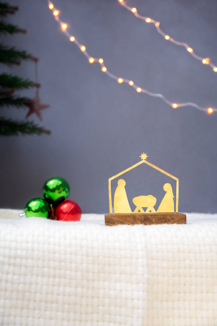 Small Brass Nativity Scene with Mango Wood Stand