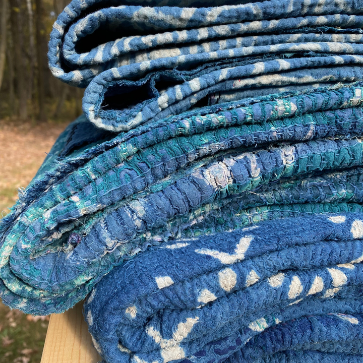 Indigo Block Print Kantha Throw Blanket Quilt