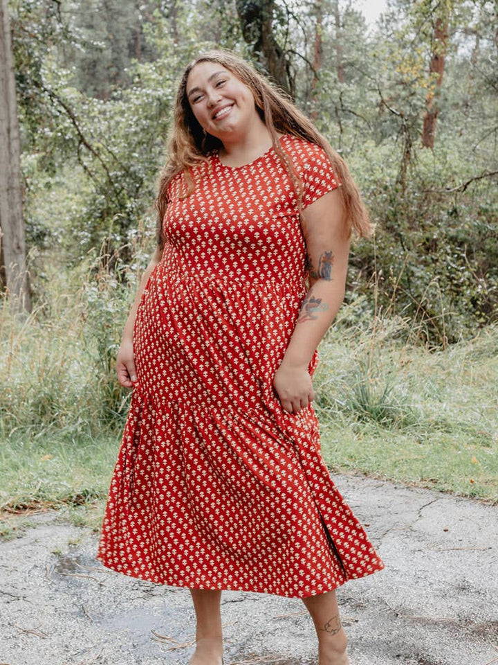 Tiered Jersey Plus Size Dress Micro Floral Red