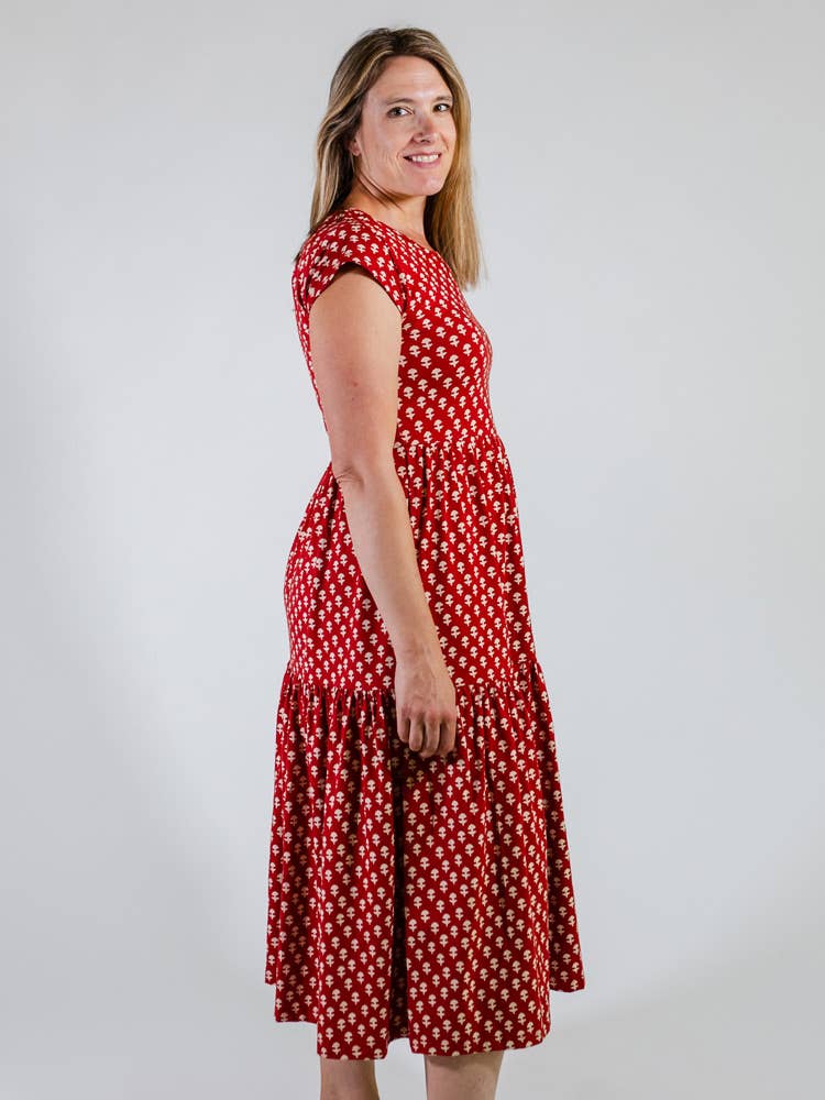 Tiered Jersey Dress Micro Floral Red