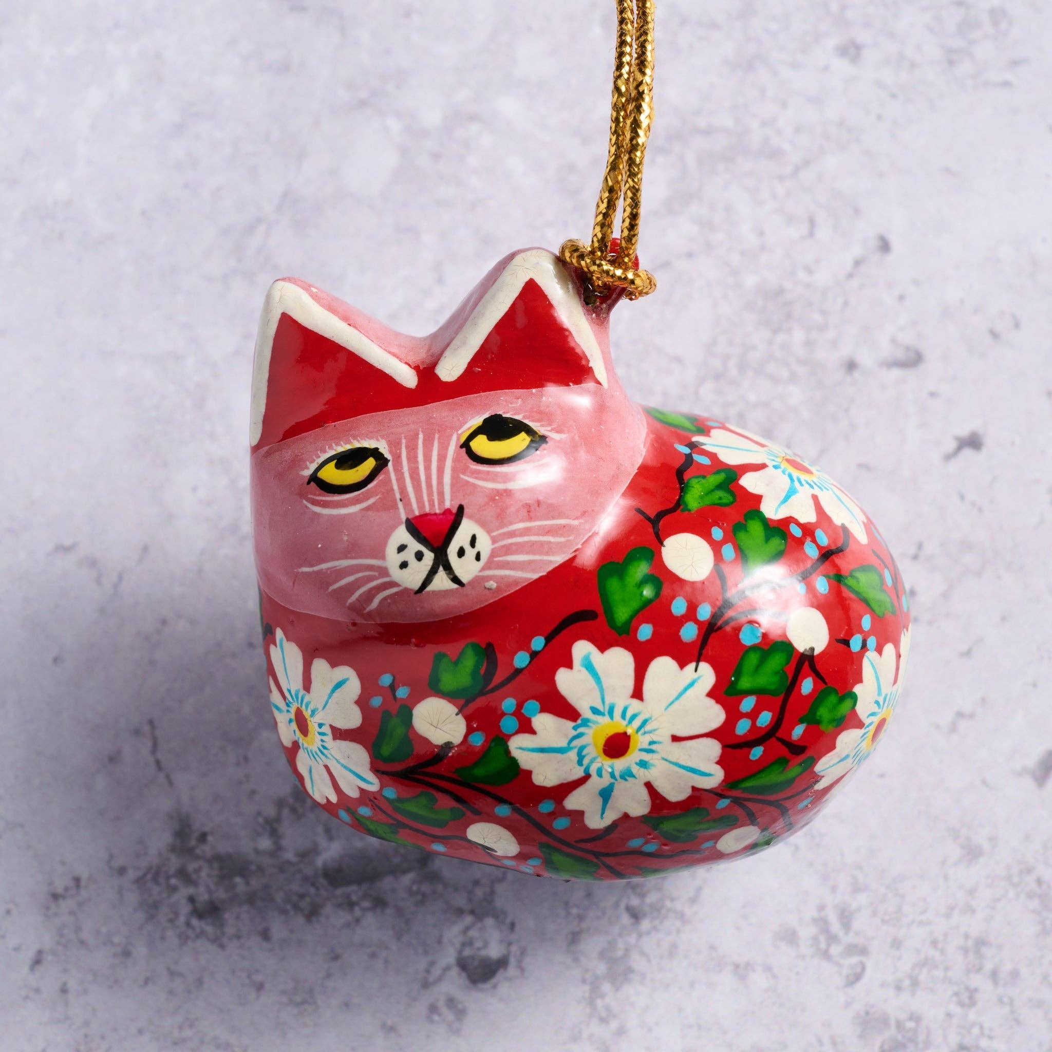 Painted Floral Cat Paper Mache Ornament
