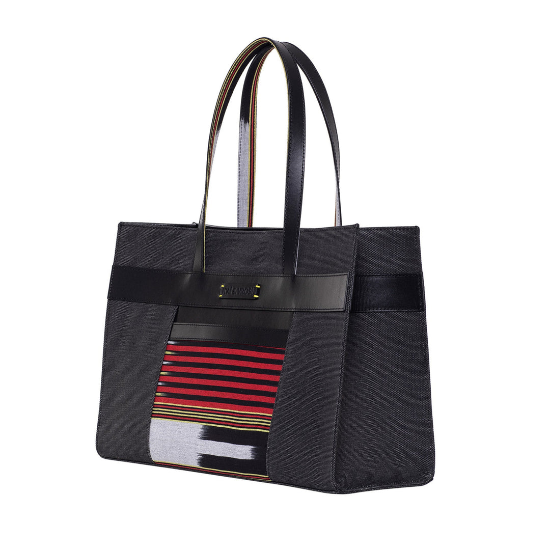 Black Leather & Canvas Tote Bag with Pockets