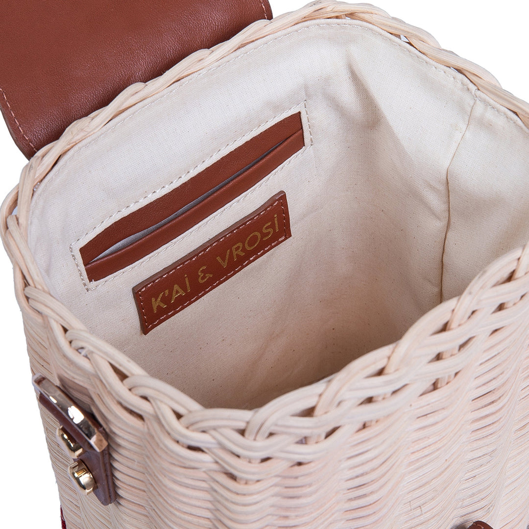 Brown Leather & Woven Straw Crossbody Bag