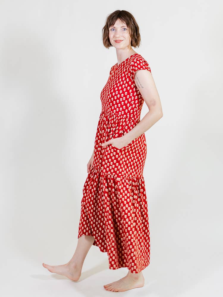 Tiered Jersey Dress Micro Floral Red