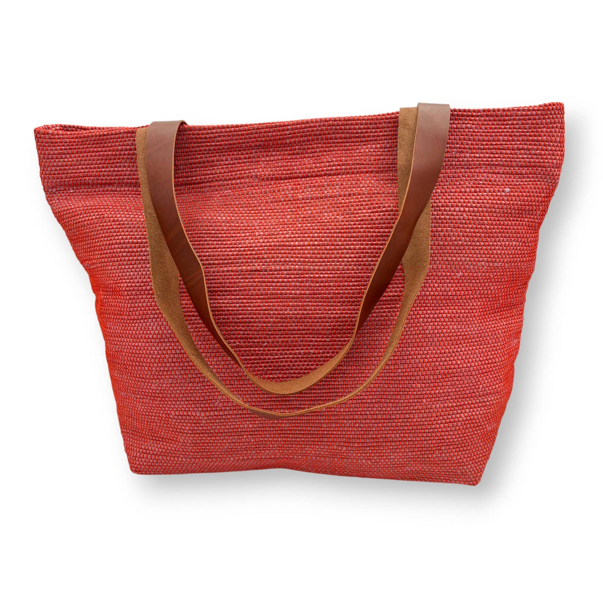 Upcycled Tote Bag with Leather Straps - Red