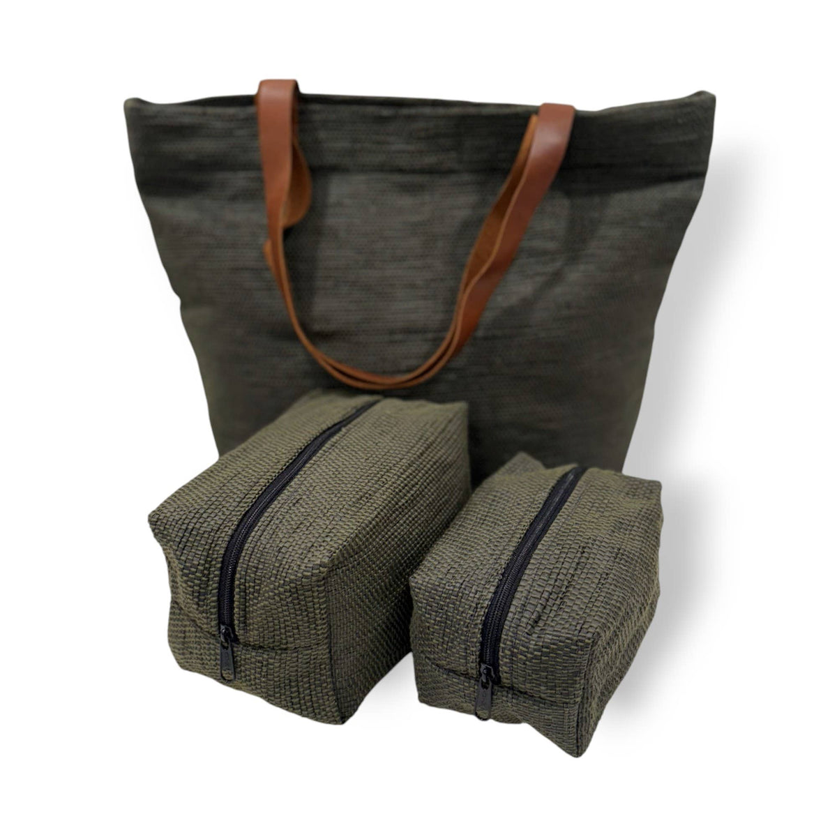Upcycled Tote Bag with Leather Straps - Black & Olive