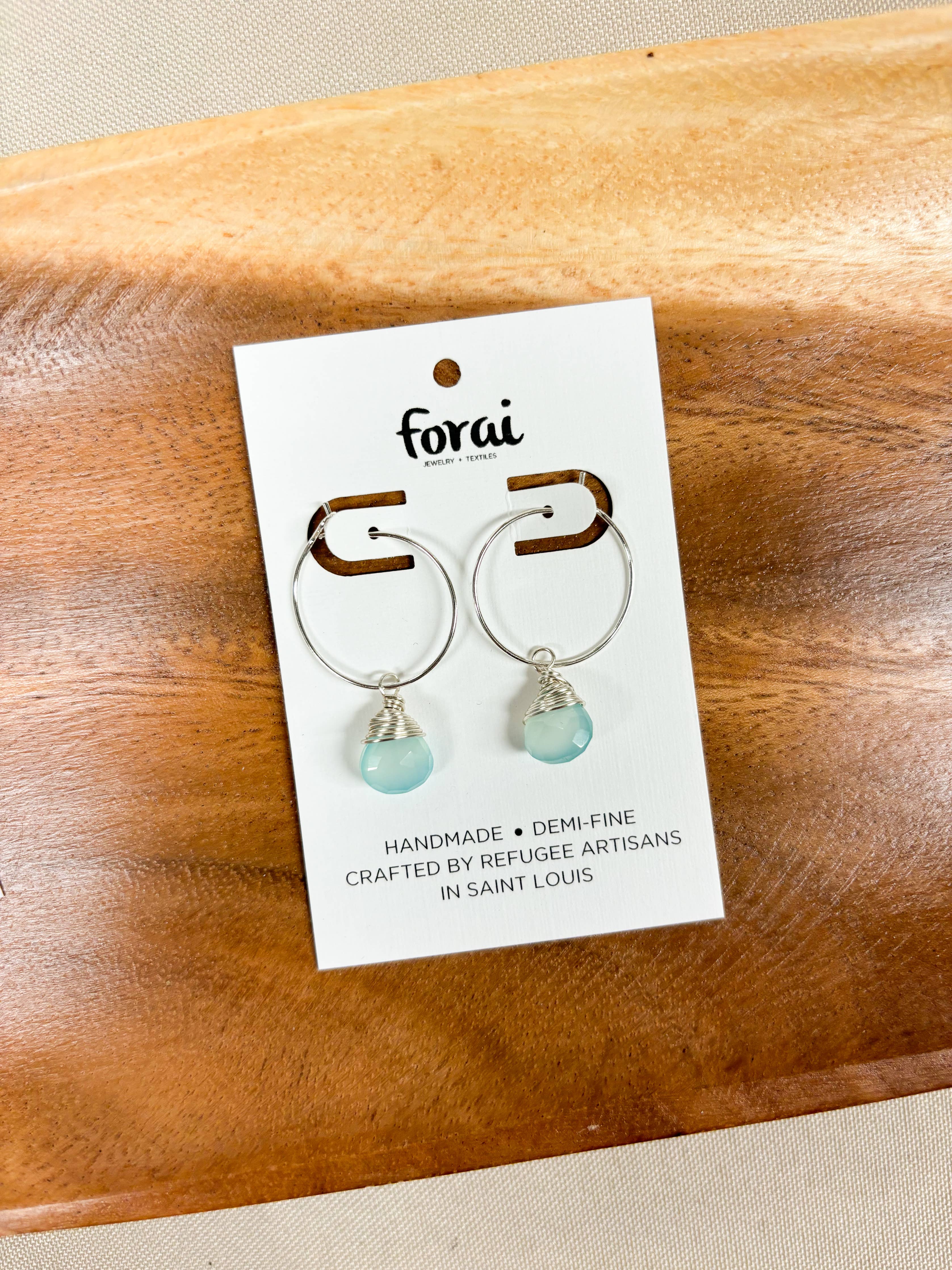 Aqua Chalcedony Gemstone Hoop Earrings in Sterling Silver