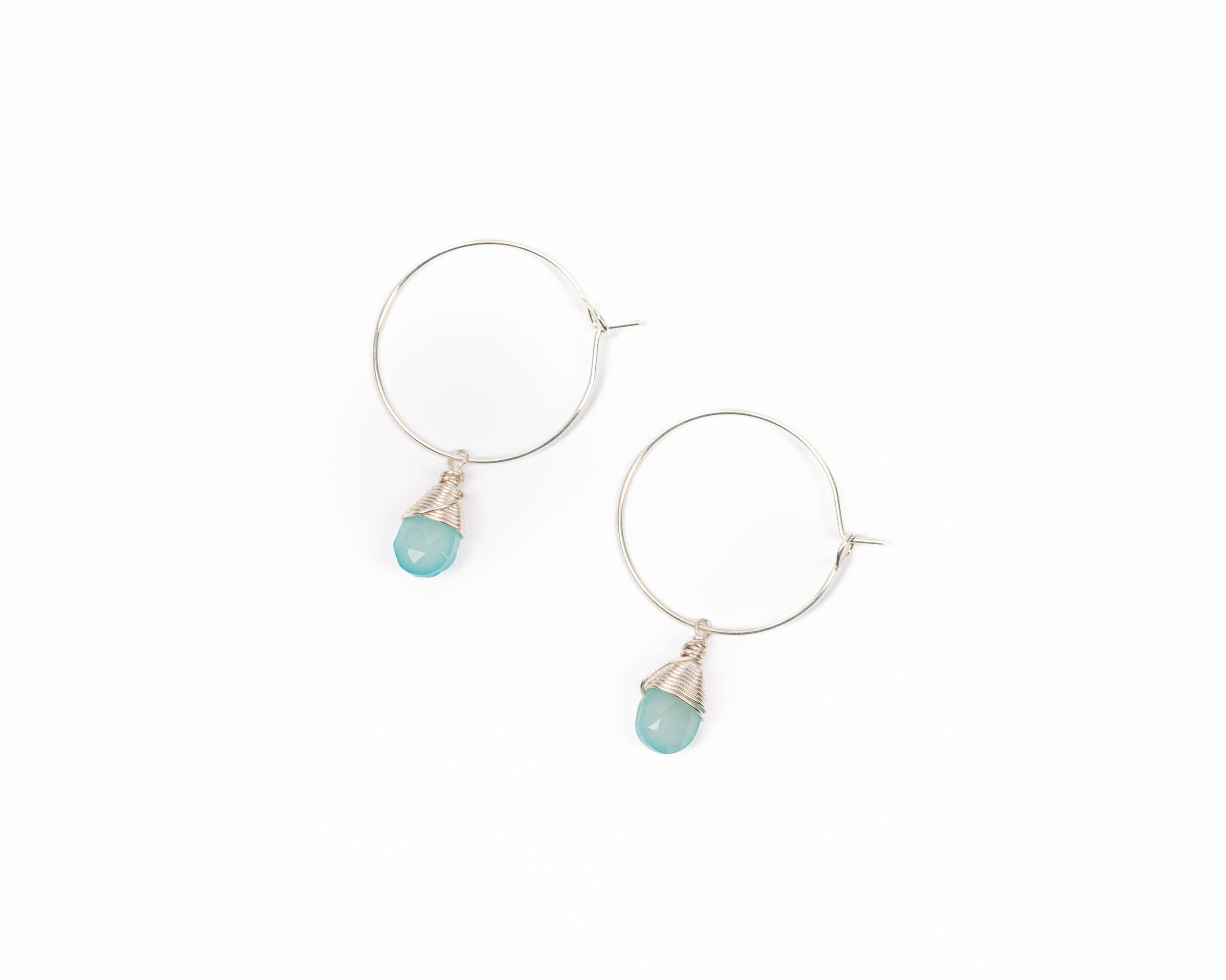 Aqua Chalcedony Gemstone Hoop Earrings in Sterling Silver