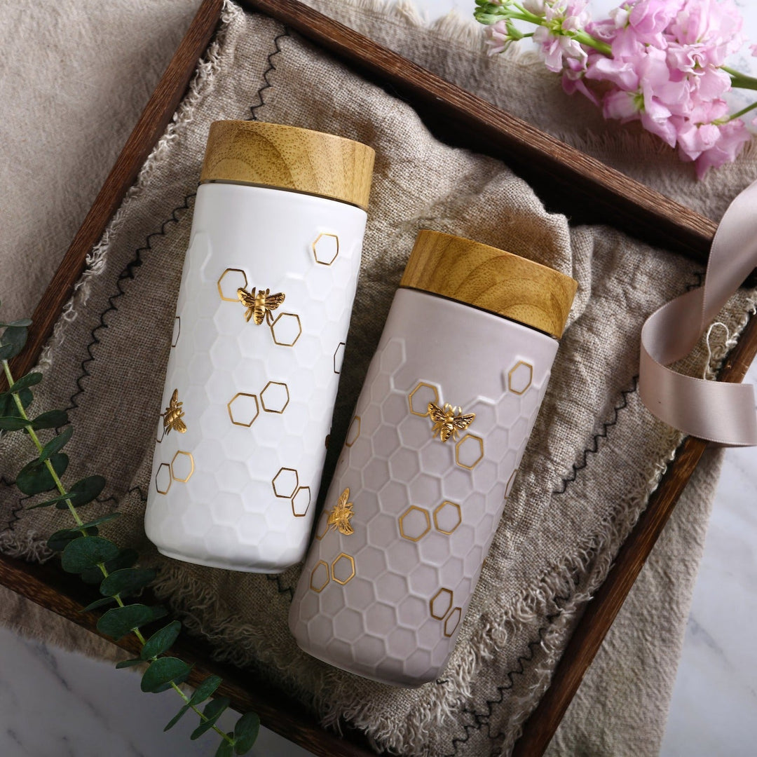 Honey Bee Ceramic Travel Mug / Gold 12.3 oz